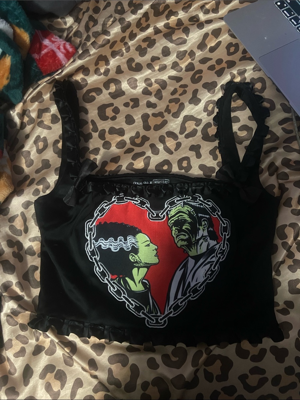 dollskill x monsters black frankenstein + bride heart corset top (s: XS)
